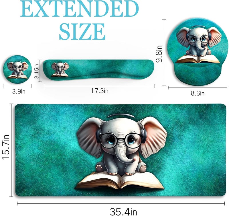 LIMKRIAN Desk Mat Pad, Large Gaming Mouse Pad with Wrist Rest Wrist Support, Ergonomic Mouse Pad Keyboard Mat Wrist Rest, Cup Coaster, Home Office Desk Accessories Decor Supplies, Cute Elephant - Image 3